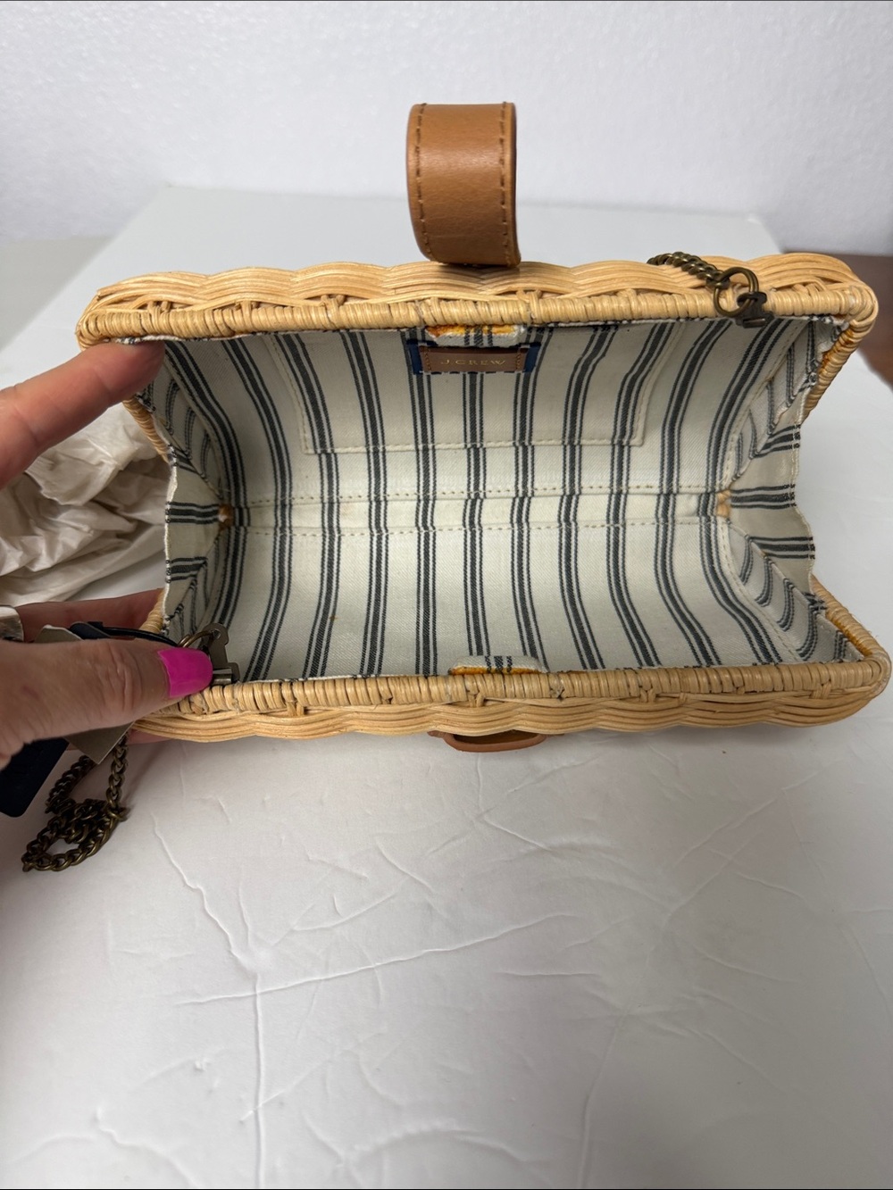 J Crew Wicker Crossbody /Clutch Bag Tan Leather Trim NWT - Picture 5 of 10